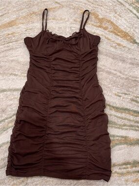 H&M Brown Ruched Spaghetti Strap Mini Dress